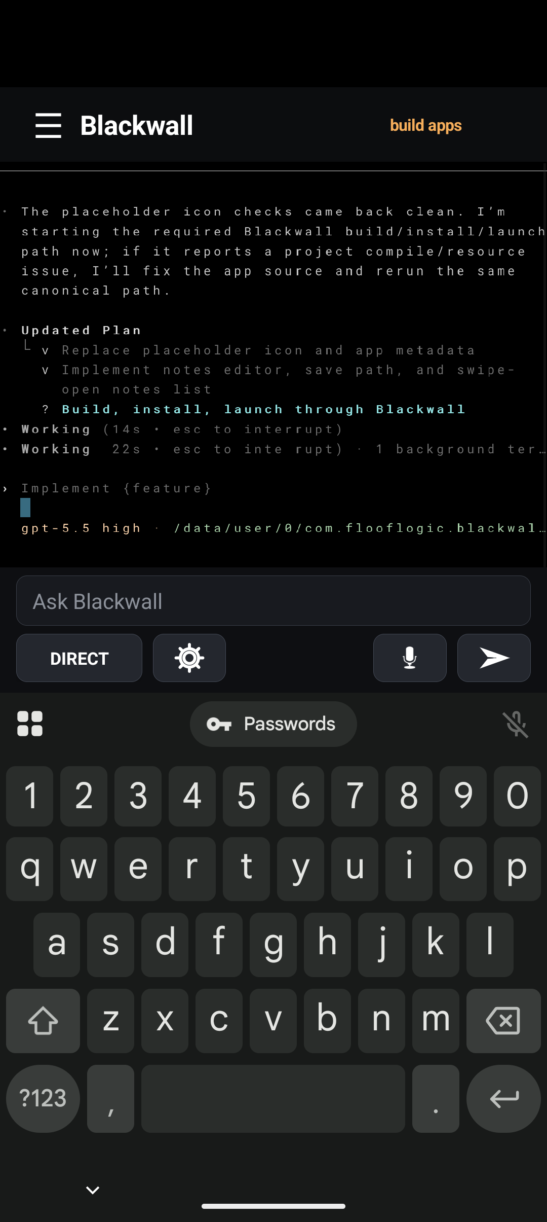 Blackwall running Codex while it plans, implements, builds, installs, and launches a notes app.