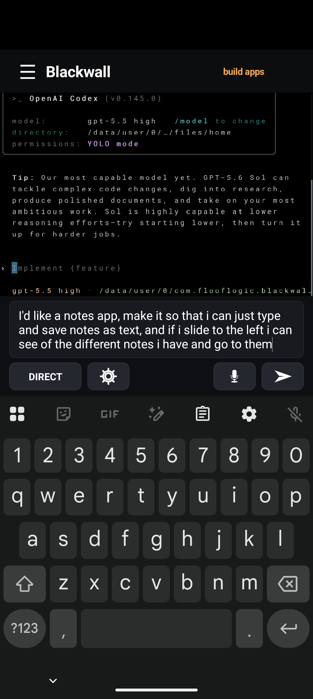 The generic notes-app prompt typed into Blackwall on a physical Android phone.
